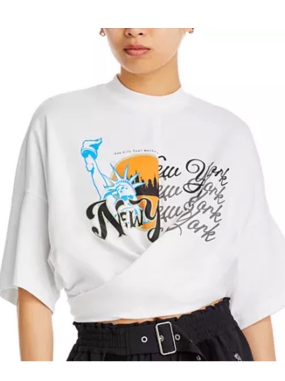 3.1 Phillip Lim We Are NY Graphic Print Crew Neck Wrap Front Tee Sz XS - Picture 2 of 11